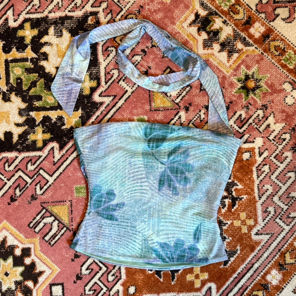 TIGER MIST Blue Patterned Strapless Top with Neck Scarf Detail